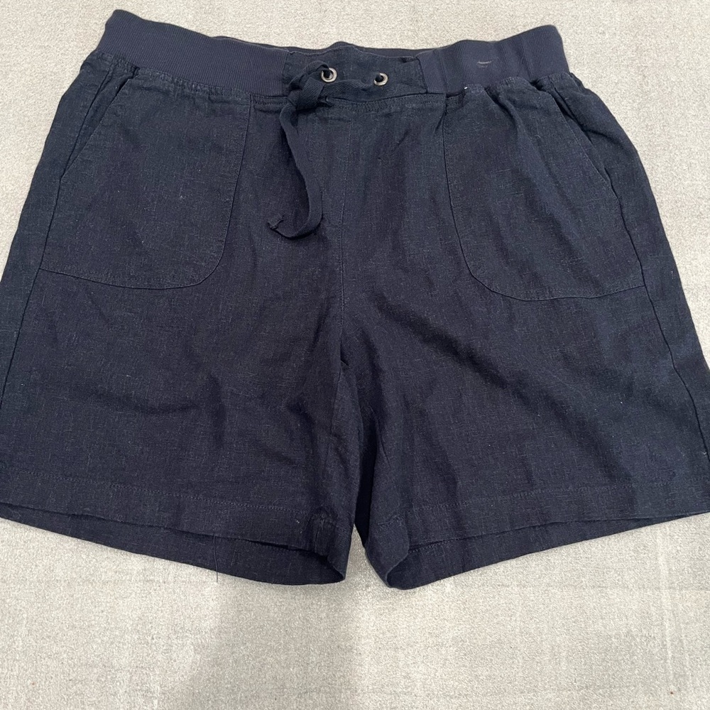 [L]Per Se Navy Linen Casual Shorts with Elastic Waistband